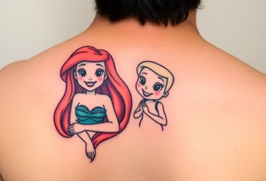 Ariel and Bell standing next to each other, smilling tattoo idea