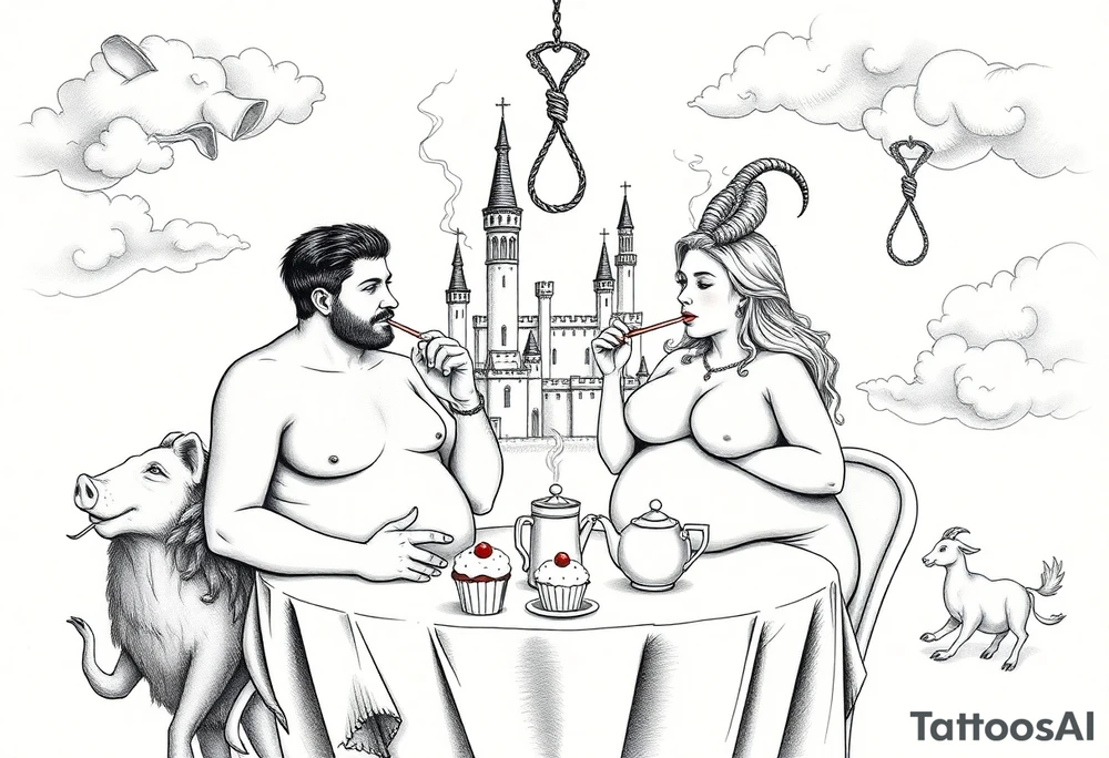 Naked Man and fat woman having sex eating cupcakes and  fruit  having sexy naked fat lady having a tea party with tea pots  with medieval castle  
with mystical  aries a pigs, peacock,  lion, goat, noose and smoking cigerettes looking in the mirror thru storm clouds and broken hearts and darkness and wrath, envy , gluttony, greed, sloth, pride . Gothic tattoo idea