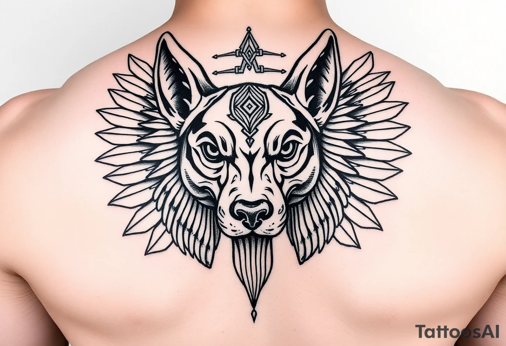 Egyptian Anubis god face muscle in Egypt style dog face surrounded Egyptian symbols tattoo idea