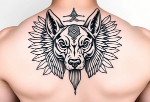 Egyptian Anubis god face muscle in Egypt style dog face surrounded Egyptian symbols tattoo idea