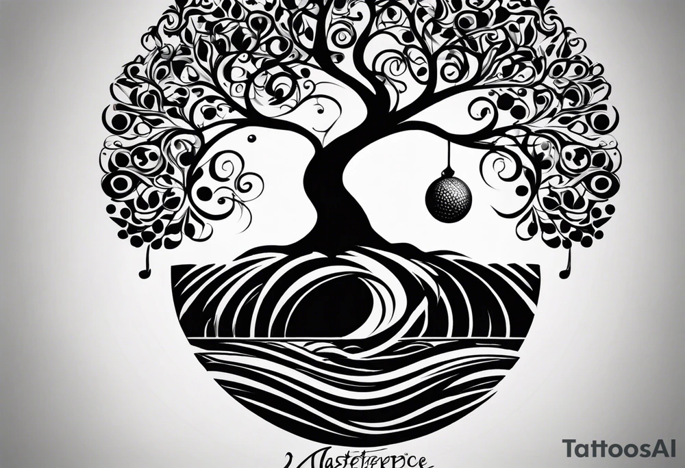 A tattoo design that incorporates the following elements: an abstract tree of life that has roots emerging  from the ground. Waves of water encapsulate the tree and wind around it in an organic way.  Incorporate music.   the letters U and A are overlapping and engraved into the tree. a golf ball incorporated but not prominent. tattoo idea