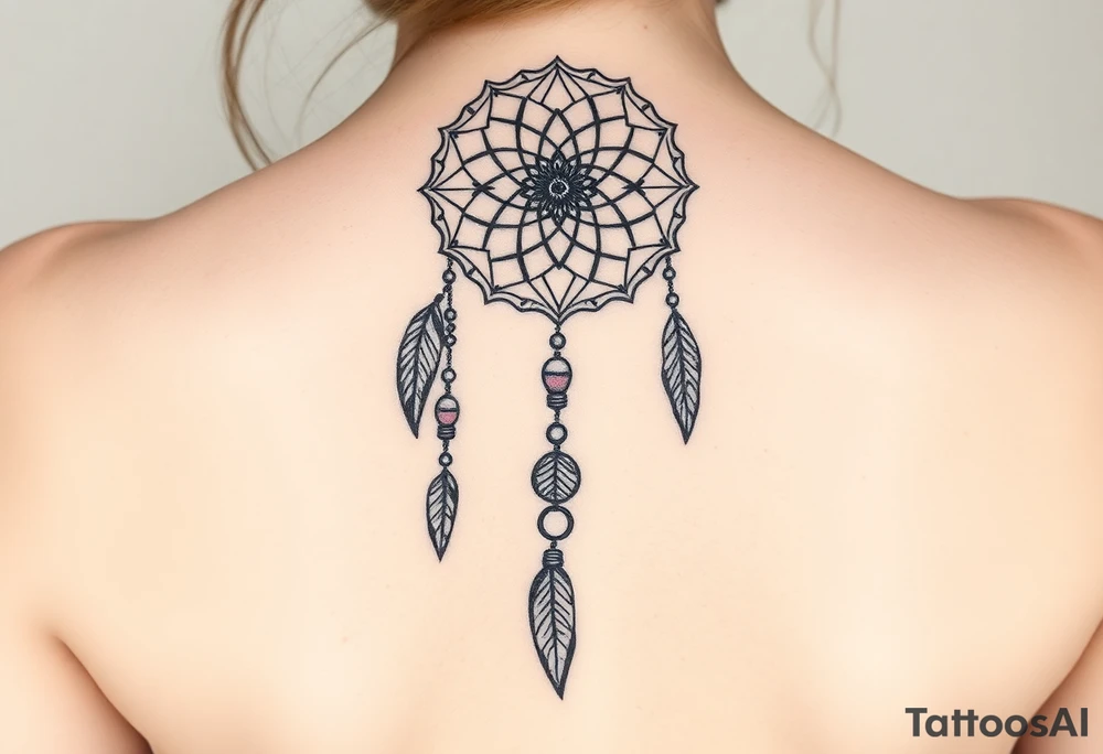 native dreamcatcher with flowing feathers and sacred beads tattoo idea