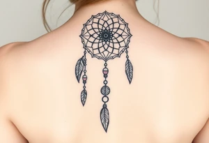 native dreamcatcher with flowing feathers and sacred beads tattoo idea