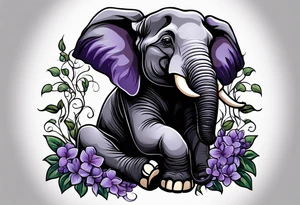 Seated elephant with raised trunk holding lilacs tattoo idea