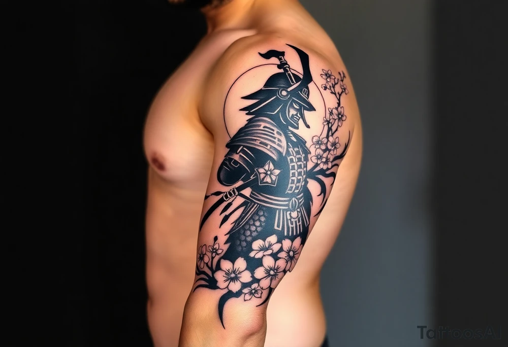 noble samurai warrior silhouette at sunset with cherry blossoms tattoo idea