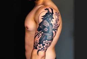 noble samurai warrior silhouette at sunset with cherry blossoms tattoo idea