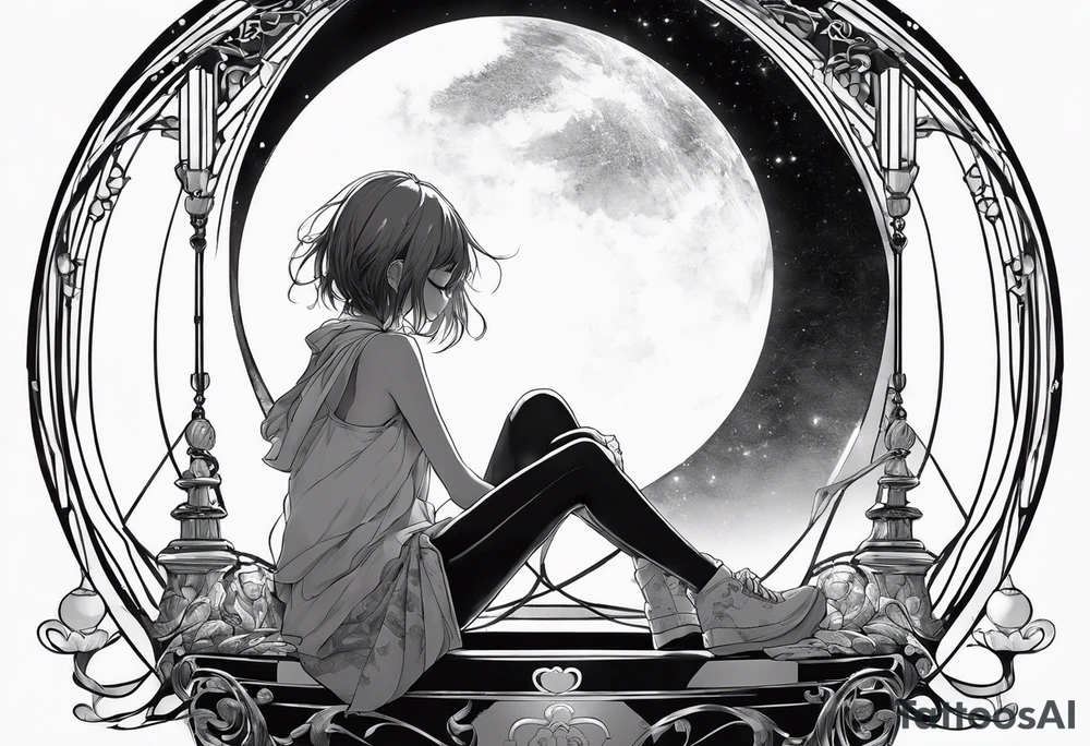 an anime girl sitting on a small sphere, staring front tattoo idea