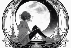 an anime girl sitting on a small sphere, staring front tattoo idea