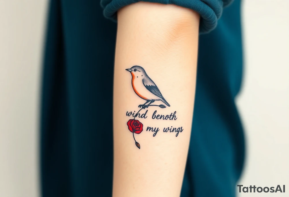 Robin with red rose petals with writing saying wind beneath my wings tattoo idea