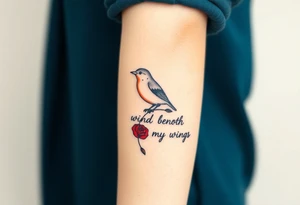 Robin with red rose petals with writing saying wind beneath my wings tattoo idea