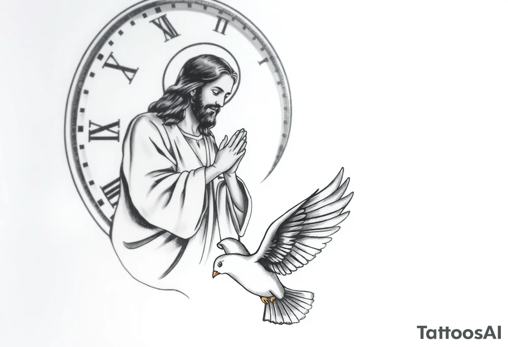 Clock in background, jesus praying, the creation of adam, dove in the bottom of the tattoo tattoo idea