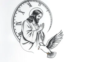 Clock in background, jesus praying, the creation of adam, dove in the bottom of the tattoo tattoo idea