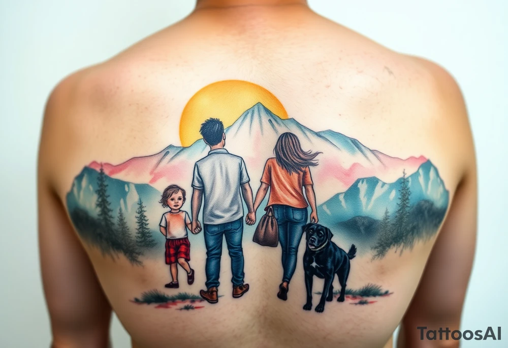 Family 2 parents, 1 baby boy, one 3-year girl and one black dog walking through the the sunset and mountains tattoo idea