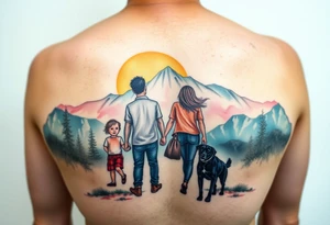 Family 2 parents, 1 baby boy, one 3-year girl and one black dog walking through the the sunset and mountains tattoo idea