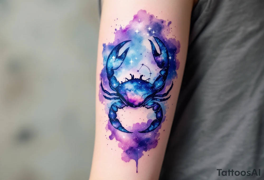 A watercolor nebula in shades of purple and blue cradles the Cancer star constellation and crab silhouette. tattoo idea