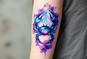 A watercolor nebula in shades of purple and blue cradles the Cancer star constellation and crab silhouette. tattoo idea