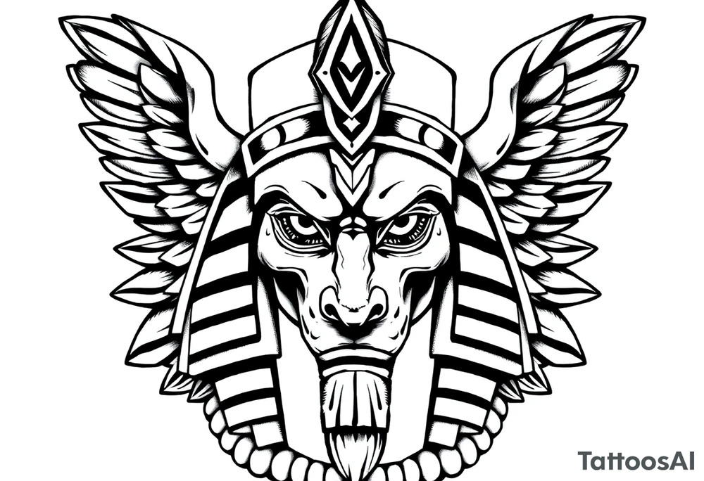 powerful majestic square muscle anubis Egyptian god face mix with joker
without eyes with mantle on head tattoo idea