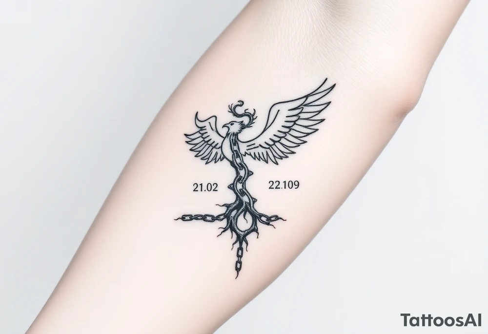 Create a minimalist tattoo design symbolizing personal rebirth. Phoenix or tree breaking through chains, representing freedom from addiction, self-forgiveness, and inner strength. Incorporate dates 21.02 and 22.02 subtly. Emphasize journey of healing, self-love, and dignity. tattoo idea