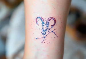 A subtle Aries star constellation map in pastel blues and pinks with the zodiac sign’s cosmic connection with a soft elegance. tattoo idea