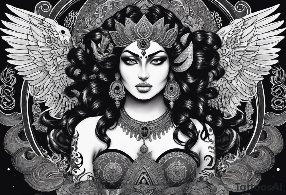 black kali, goddess pirate, alien, angel, pachamama, valkrye, warrior, flying, skull, lotus azul, wing, eagle, zenza resonance, stars, 5D, anahata chakra, death, durga, riding on a tiger, flying lady, kundalini, chest tatoo, samuri, rebel, serpent tattoo idea
