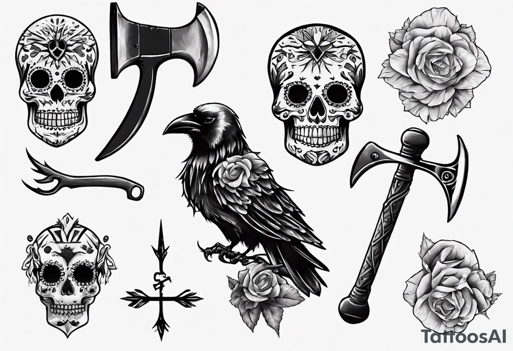 vixing axe with crow and sugar skull tattoo idea