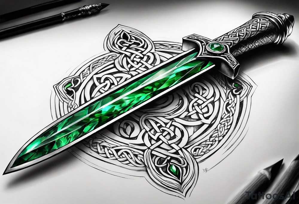 A Celtic athame dagger with the hilt turned upward and an emerald gemstone on the hilt not on the blade tattoo idea