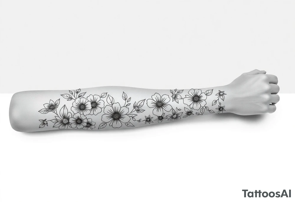 Doodles full sleeve with flowers. Not perfect lines. tattoo idea