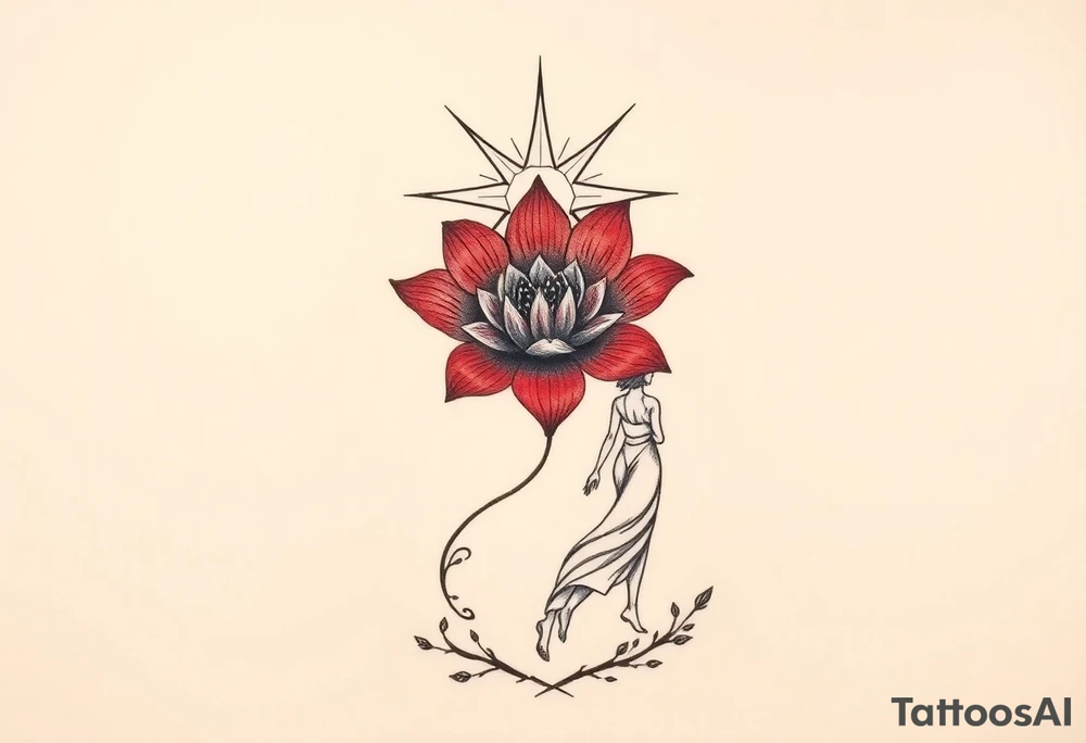 A highly artistic tattoo design with a central focus on a radiant star, symbolizing guidance and empowerment. Below the star, a deep crimson arghaman flower (scarlet flower) blooms gracefully, representing beauty and resilience. To the side, a free-spirited woman walks barefoot, embodying feminine strength and absolute freedom. The composition should evoke a sense of empowerment and liberation, with flowing lines and a dreamy, poetic atmosphere. The style should be artistic rather than hyper-realistic, with fine details, elegant line work, and a slightly abstract touch. The overall aesthetic should feel timeless, expressive, and deeply meaningful, capturing the essence of feminine power and freedom. tattoo idea