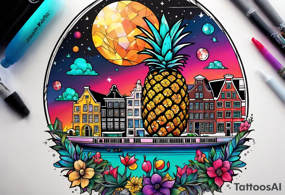 Animals featuring animals and featuring colours of the universe and galaxies and pineapples in amsterdam city featuring Amsterdam buildings and canal made of glass tattoo idea