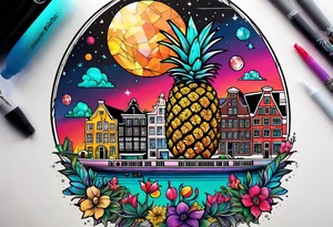 Animals featuring animals and featuring colours of the universe and galaxies and pineapples in amsterdam city featuring Amsterdam buildings and canal made of glass tattoo idea
