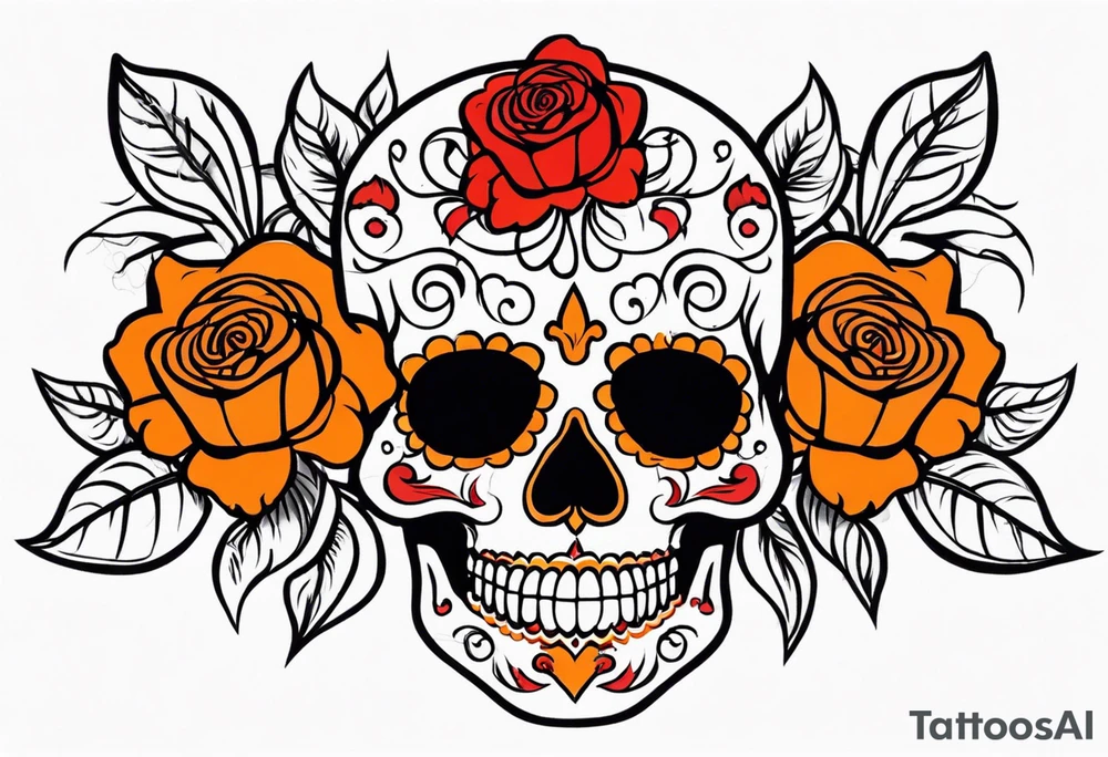 Sugar skull with roses that are orange and red with smoke around it tattoo idea