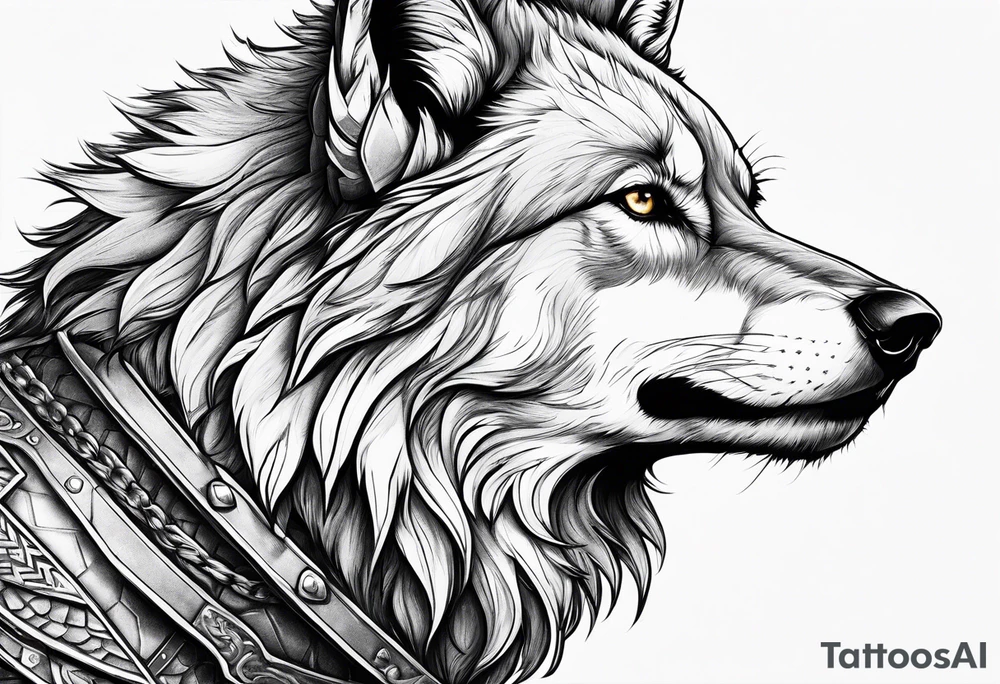 realistic style fenrir wolf in profile, include in it's forehead a diamon shape of hair (and some kind of armor) tattoo idea