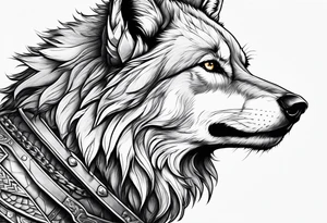 realistic style fenrir wolf in profile, include in it's forehead a diamon shape of hair (and some kind of armor) tattoo idea