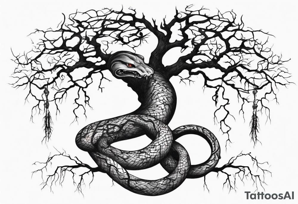 a bare tree with a serpent weaving through the tree roots tattoo idea