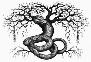 a bare tree with a serpent weaving through the tree roots tattoo idea