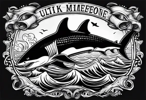 megalodon ni text vertically with the shark and the water wrapping around the text tattoo idea