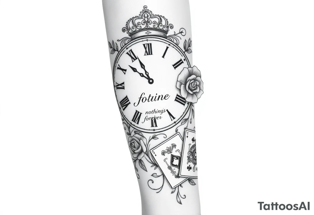Roman clock with roses and a crown,  a quote that says nothings forever. and on the bottom a deck of cards tattoo idea