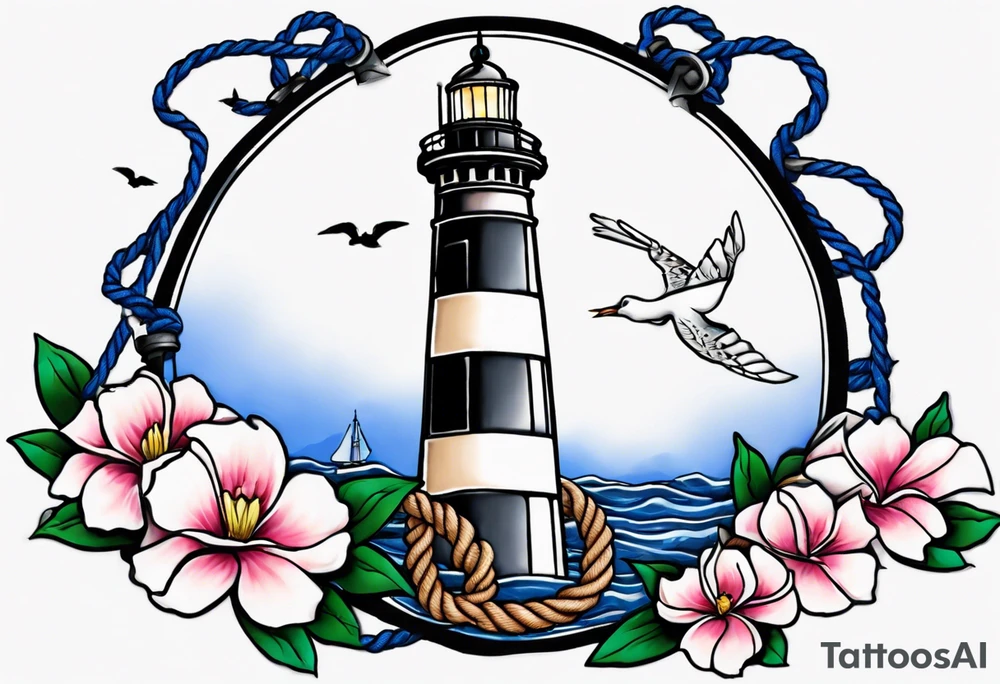 tattoo of a light house bordered by magnolia flowers and rope. In the background there is a periwinkle blue cancer awareness ribbon being lit up by the lighthouse tattoo idea