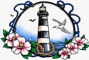 tattoo of a light house bordered by magnolia flowers and rope. In the background there is a periwinkle blue cancer awareness ribbon being lit up by the lighthouse tattoo idea