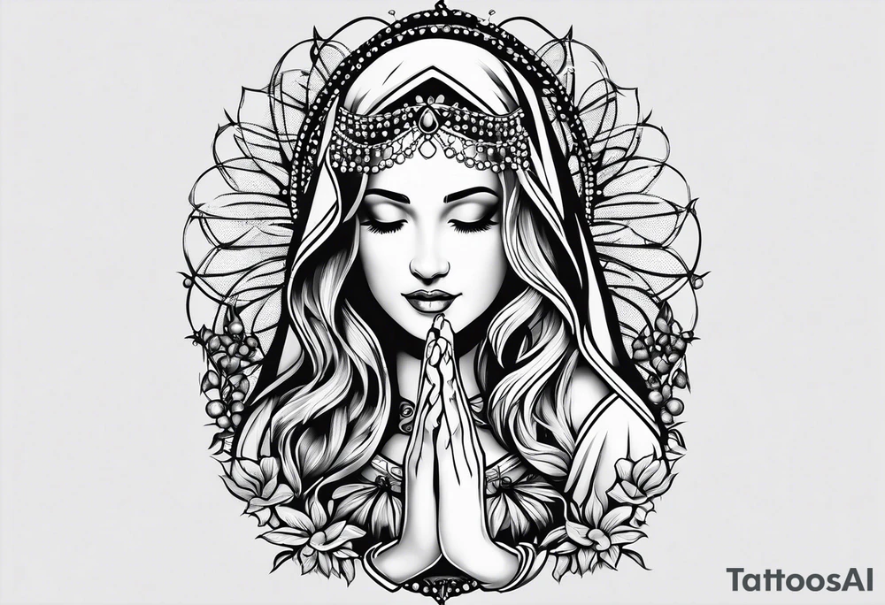 A woman’s praying hands holding a rosary catholic style tattoo idea