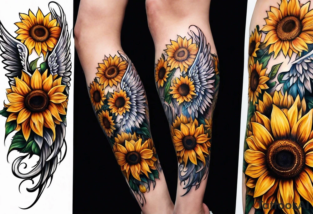 Sunflowers and angel wings leg sleeve tattoo idea