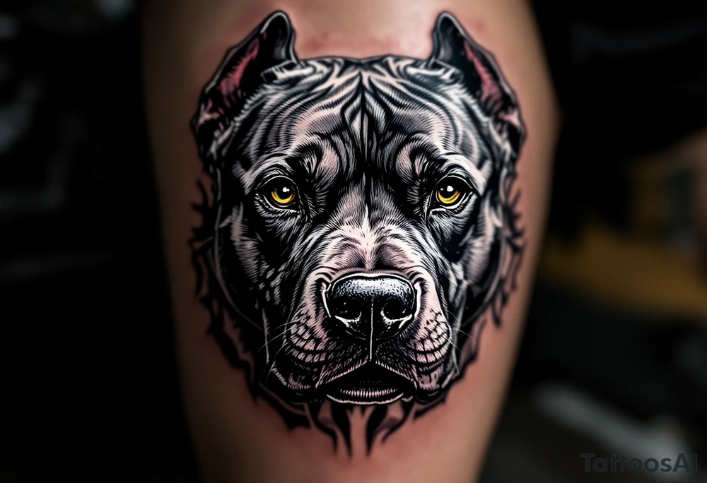 Black and gray pitbull head in realistic style, ears cropped, eyes intense, detailed fur texture with subtle shading for depth. tattoo idea