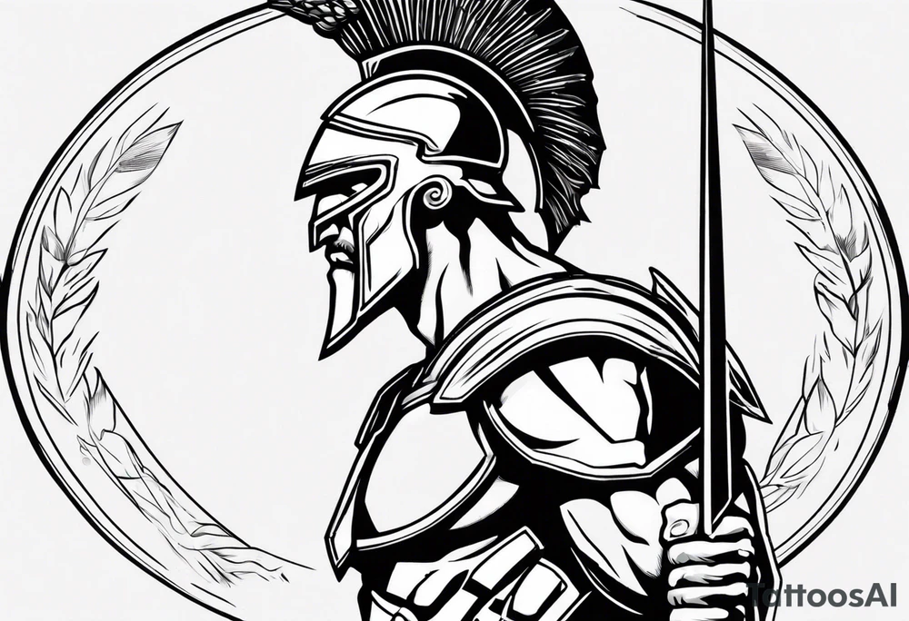 rectangular landscape format ultra-fine line linework vector of a spartan from the side, spartan spear, spartan shield, laurel wreath tattoo idea