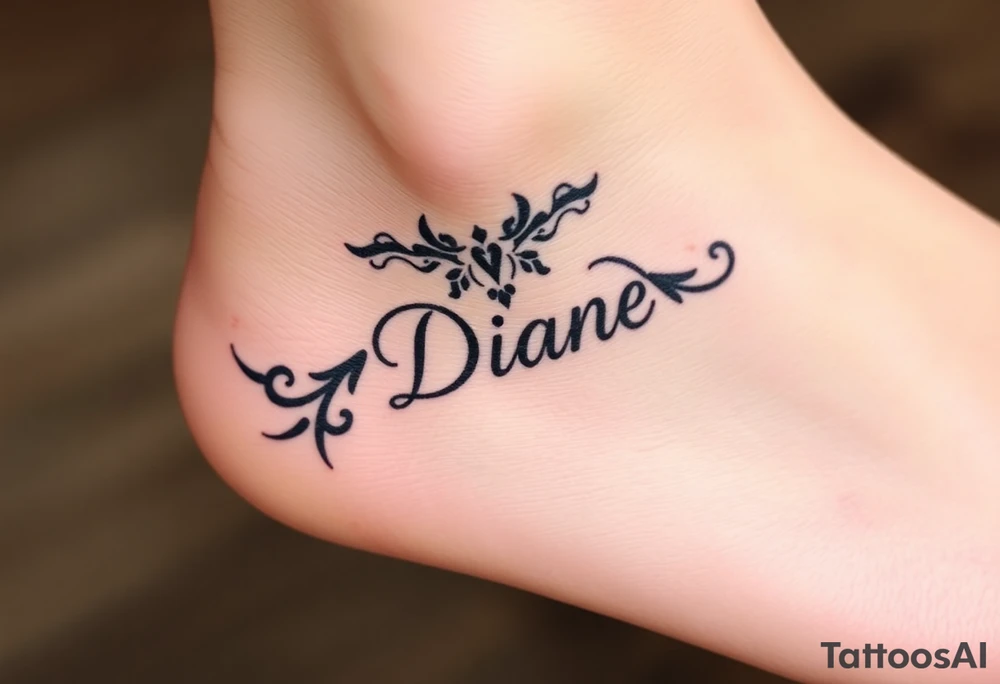 Anklet and charm name Diane on foot tattoo idea