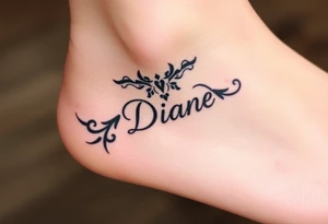Anklet and charm name Diane on foot tattoo idea