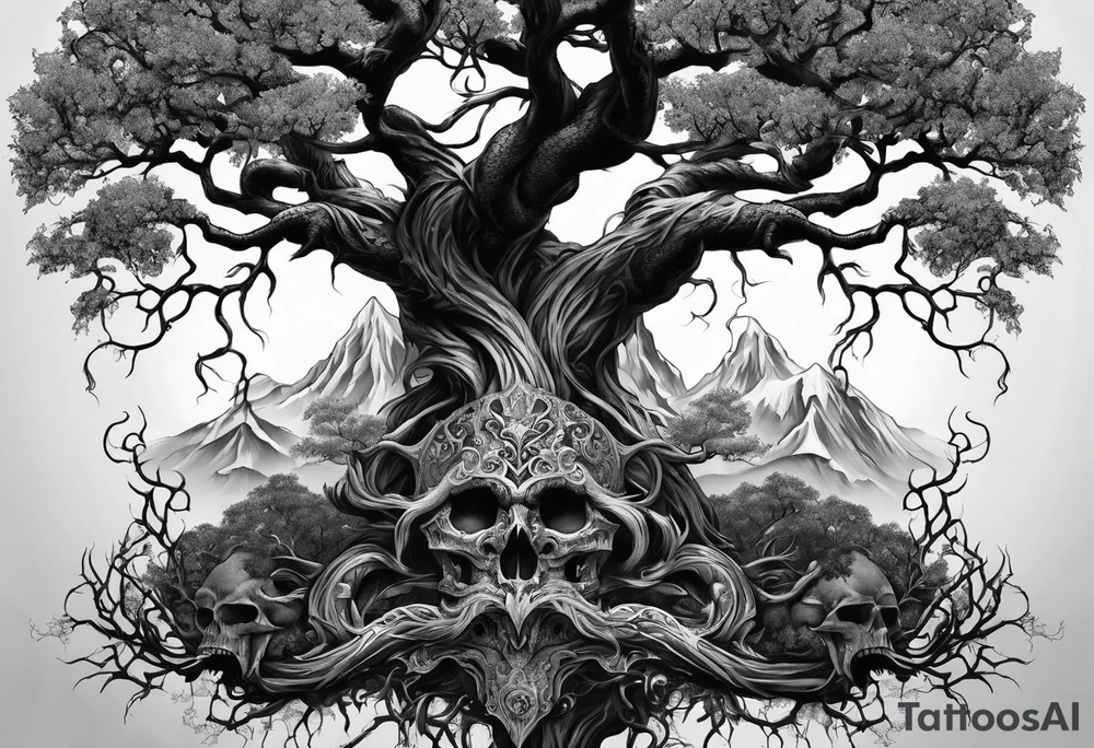 Tree of yigdrassil made from dragon with skull outline tattoo idea