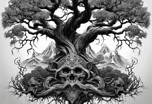 Tree of yigdrassil made from dragon with skull outline tattoo idea