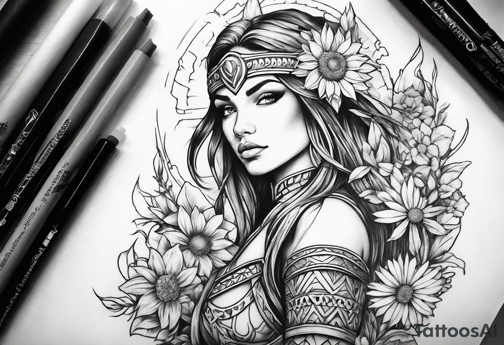 Warrior princess and wildflowers half sleeve tattoo idea