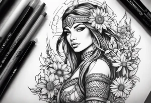 Warrior princess and wildflowers half sleeve tattoo idea