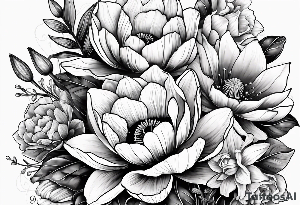 Poppy, water lily, Lily of the valley, daffodil, cosmo, rose, daisy flower bouquet, portrait style tattoo idea